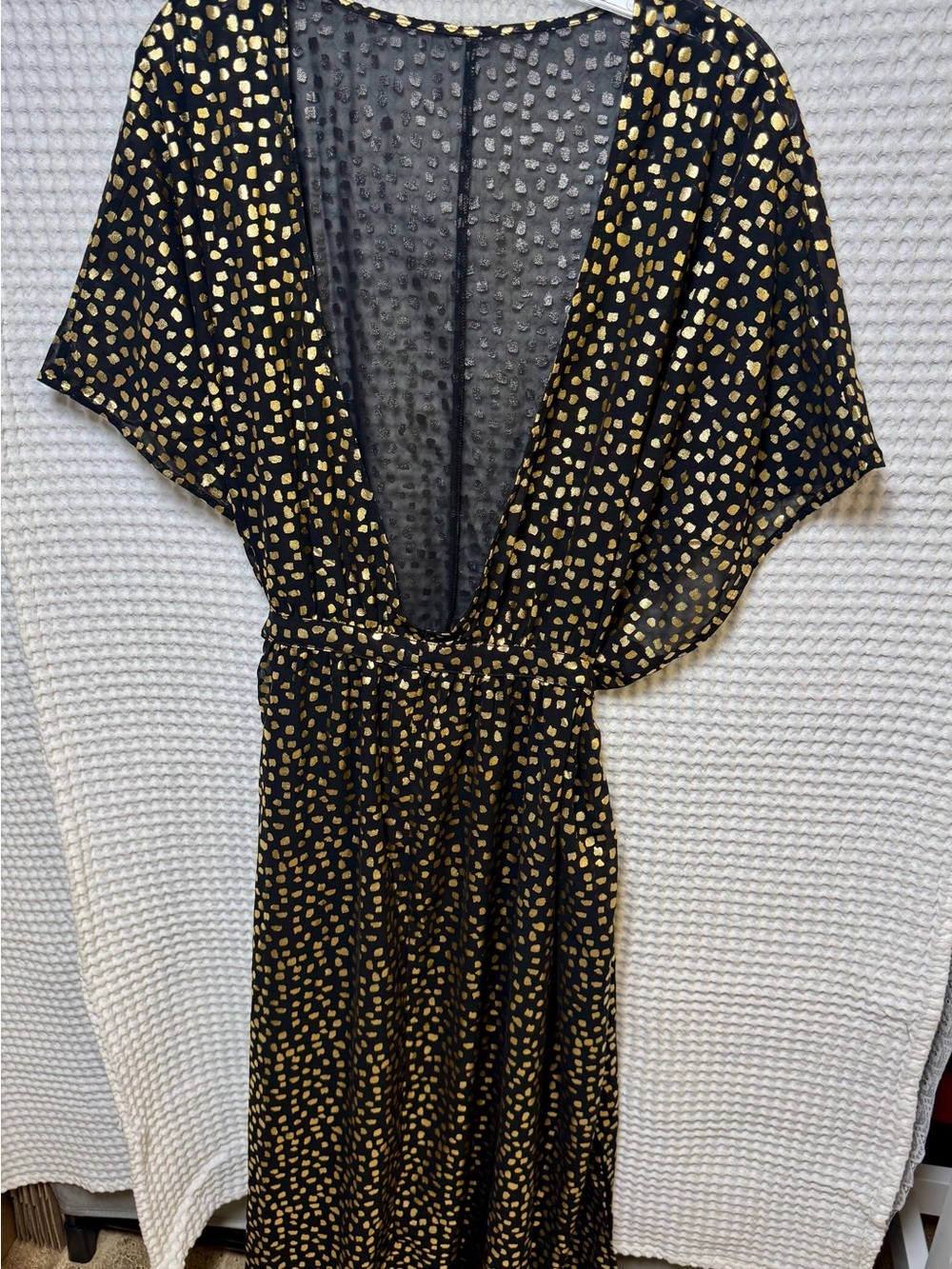 Boho Sheer Black Gold Metallic Caftan V-Neck Festival Wrao Dress- One Size